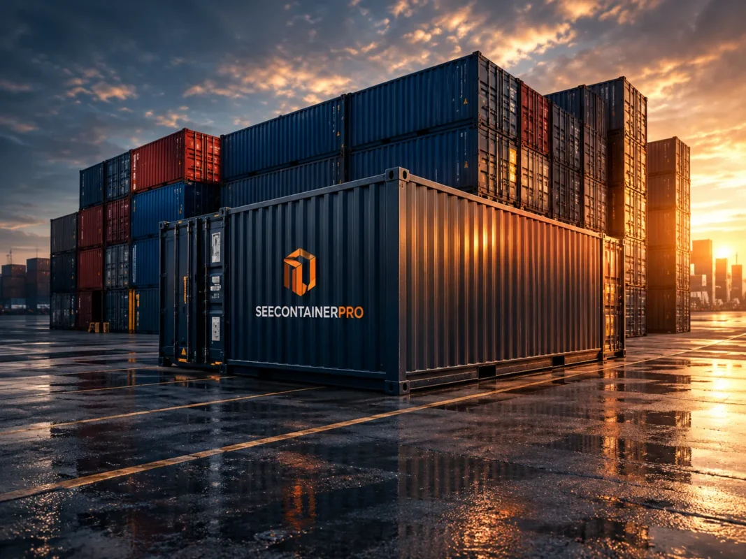 Containers in a yard at dusk on compacted hardstanding