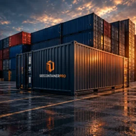 SeeContainerPro shipping container in a container yard at sunset