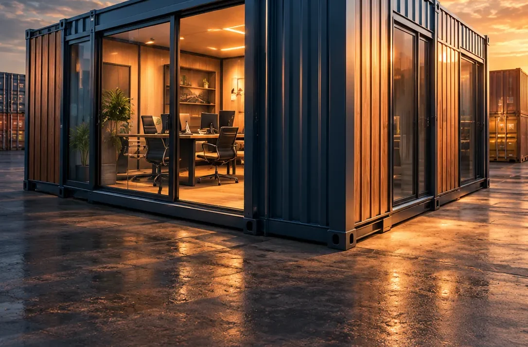 Modified shipping container with timber and glass facade