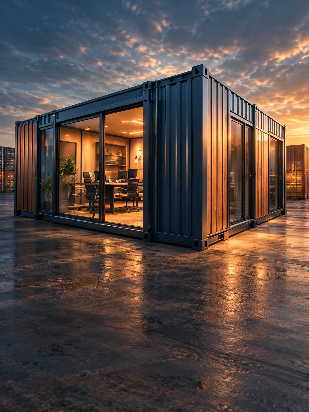 Modified shipping container with timber and glass facade