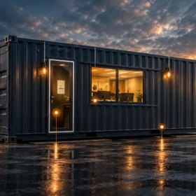 Lit office shipping container in a container yard at dusk