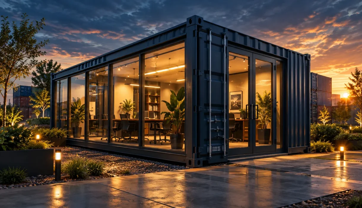 Container exterior at dusk where shipping container drainage keeps the base dry