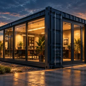 Modified container office exterior lit at dusk