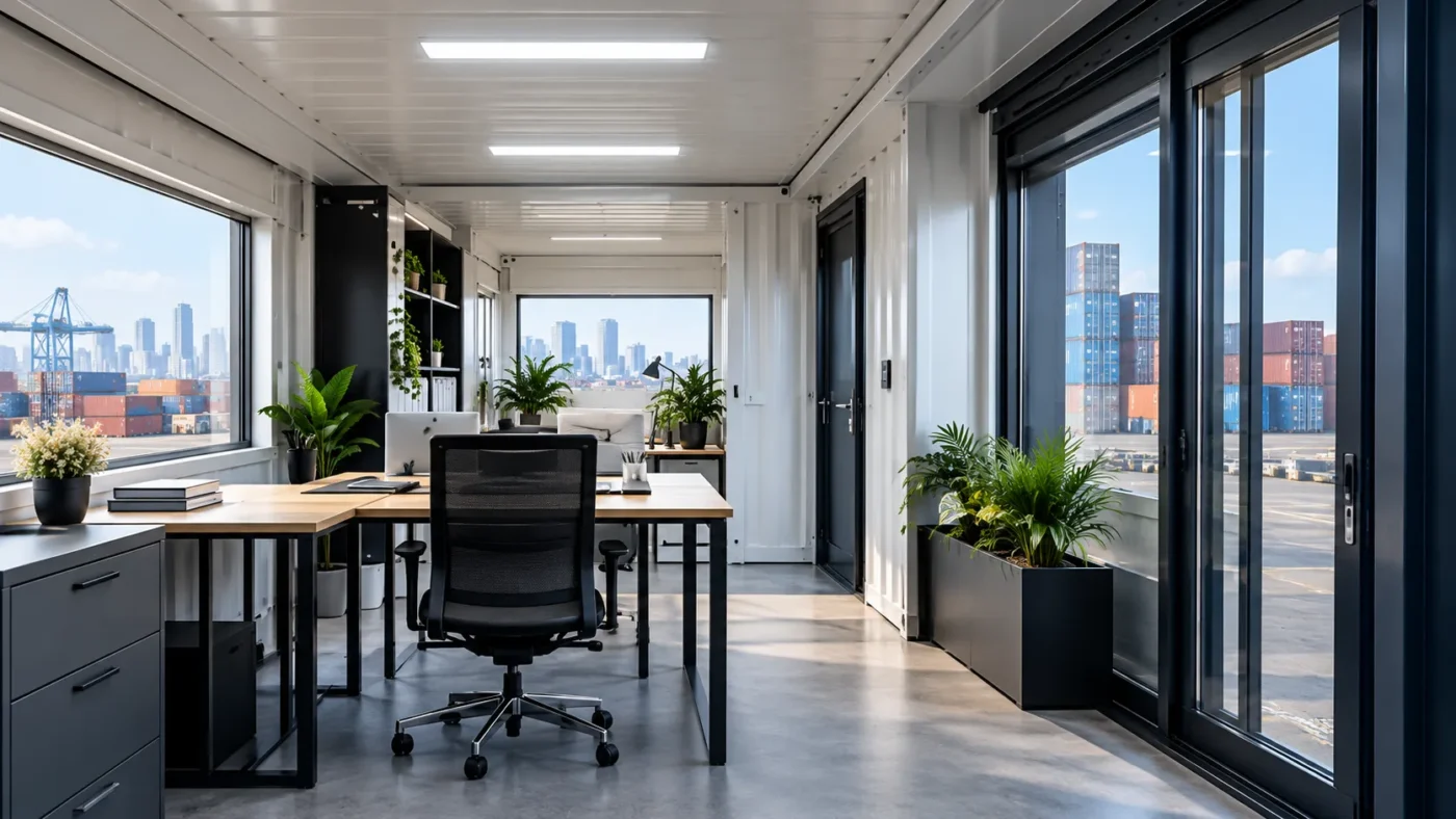 Interior of an office container fitted out with desks