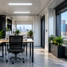 Interior of an office shipping container fitted out as workspace