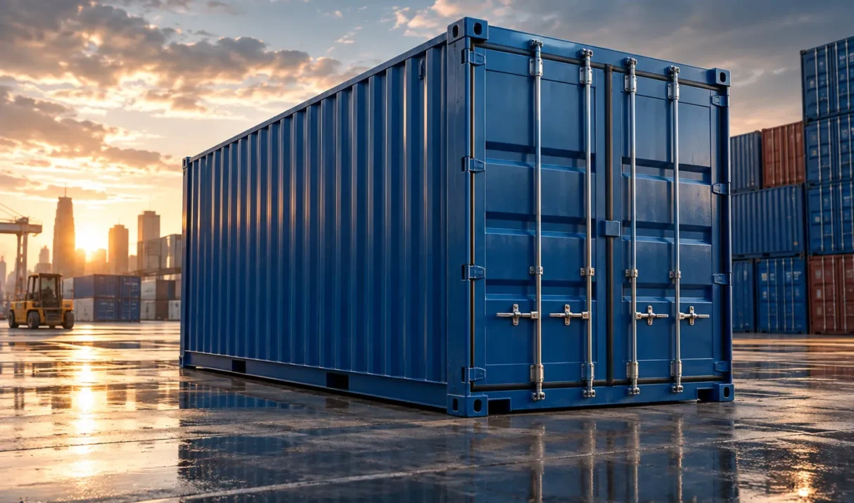 Shipping container supplier yard with a standard container at sunset
