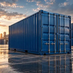 Shipping container supplier yard with a standard container at sunset