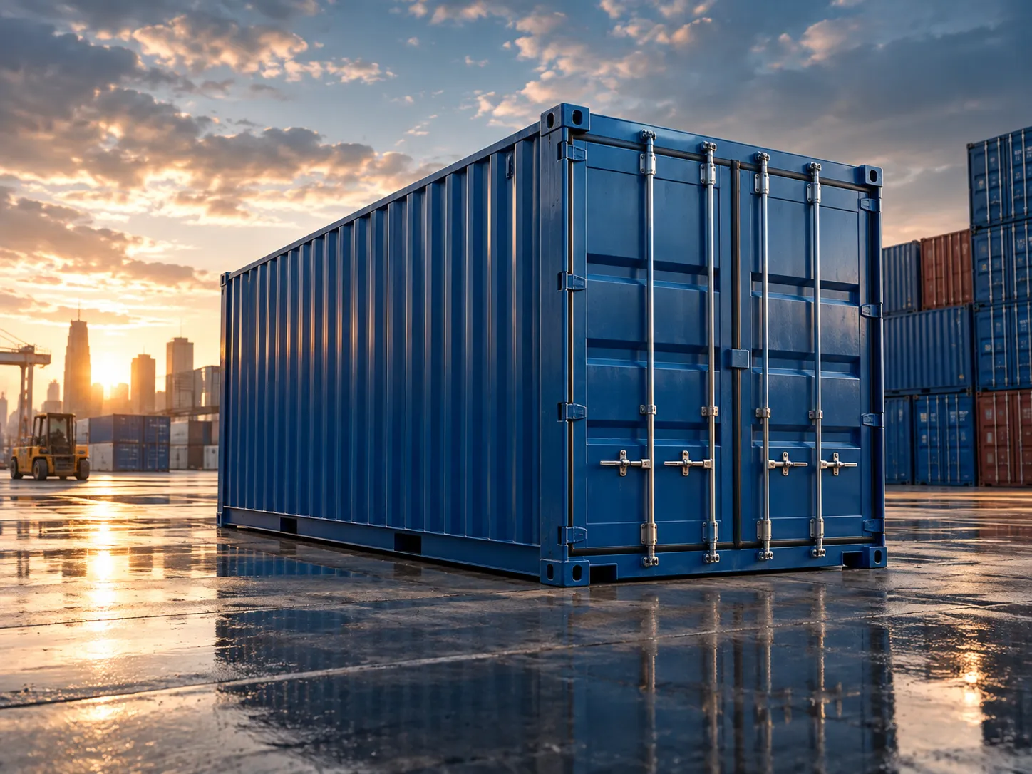Shipping container supplier yard with a standard container at sunset