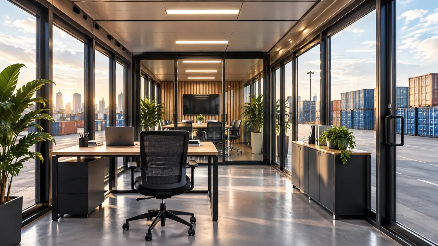 Modular container office interior with desks and natural light