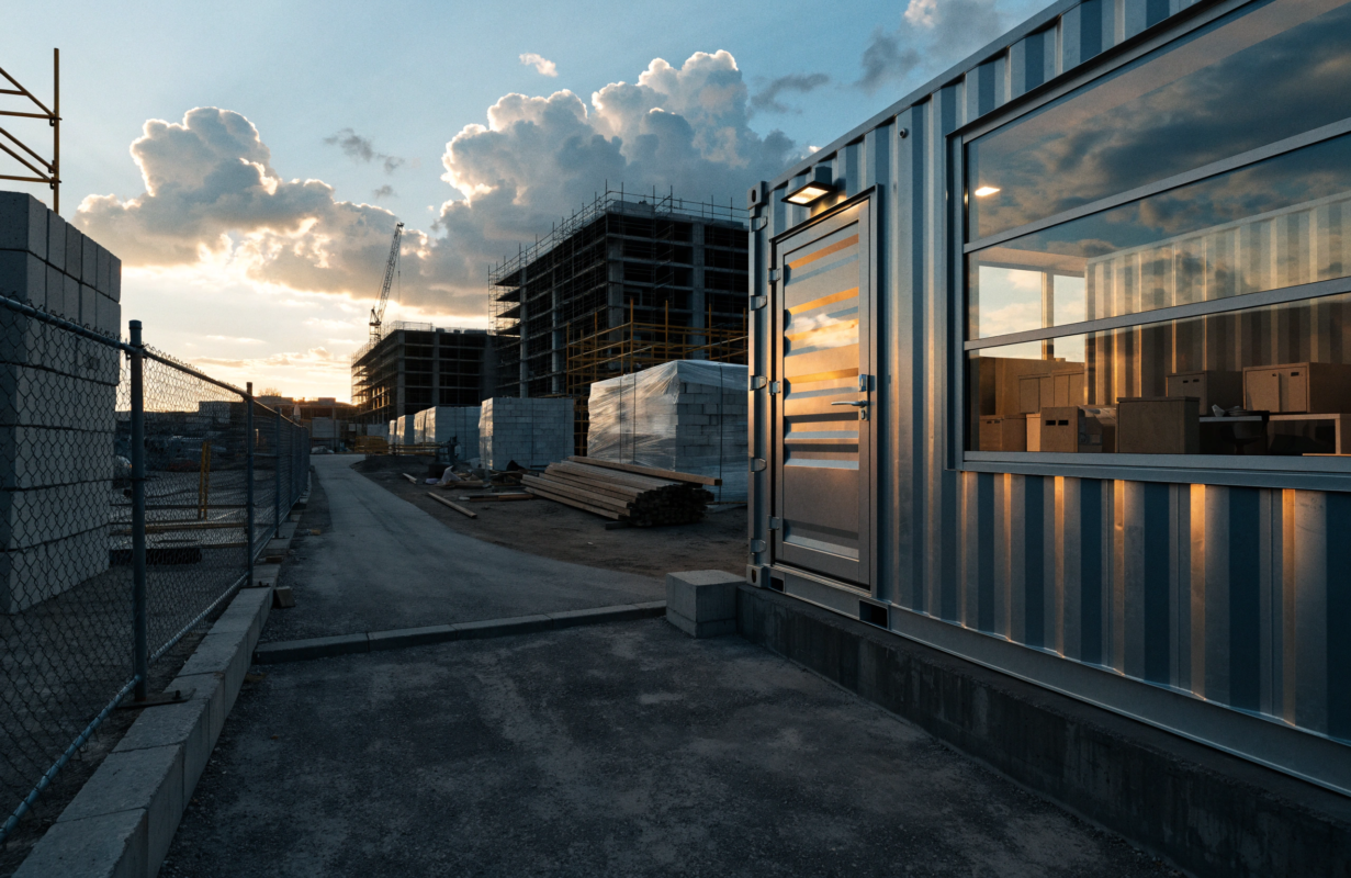 Shipping containers in use on a construction and commercial site