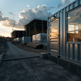 Shipping containers in use on a construction and commercial site