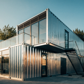 Modified shipping container complex with external stairs and walkways