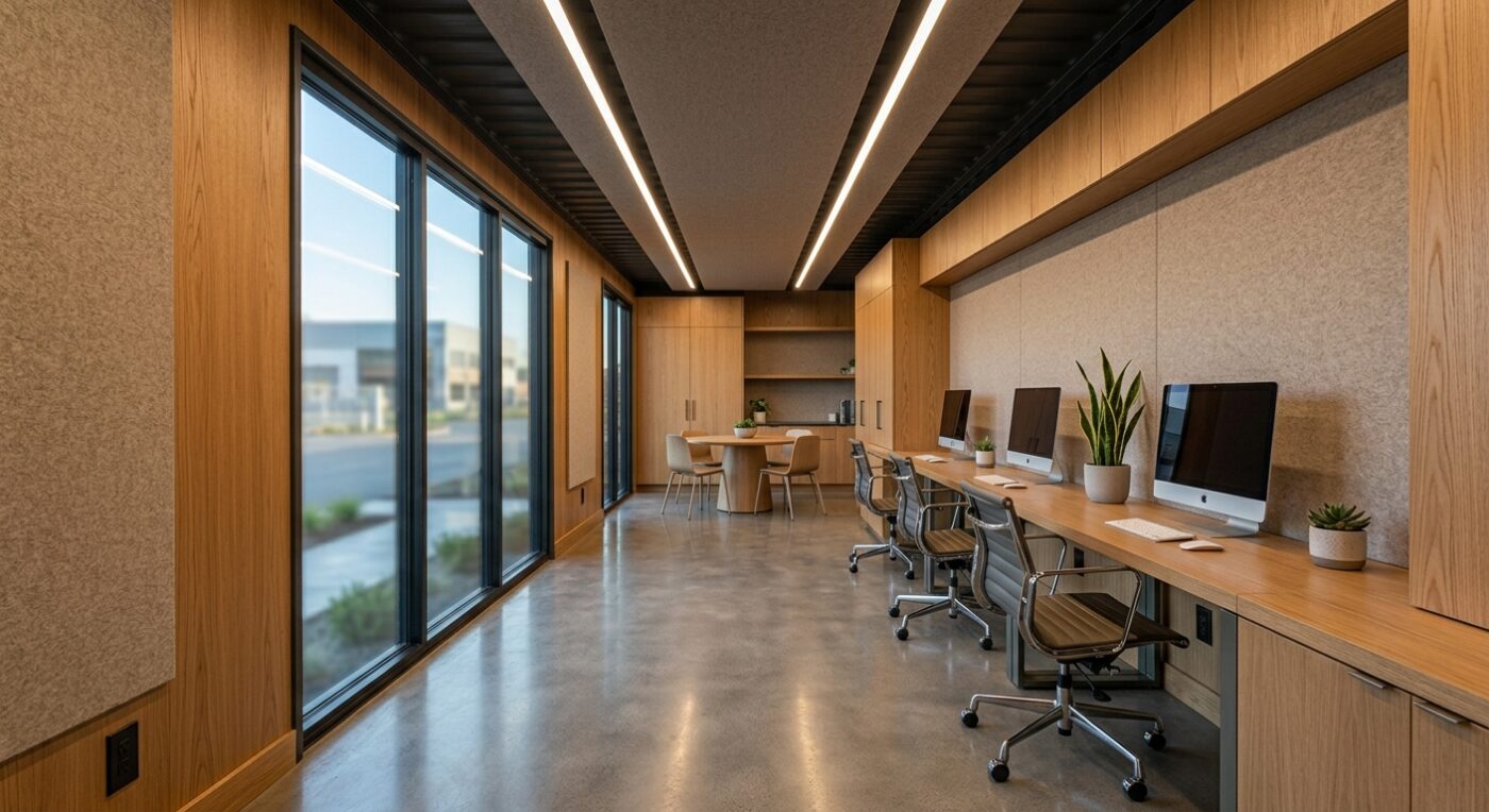 Modern office container interior with desks and glazing
