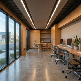 Modern office container interior with desks and glazing