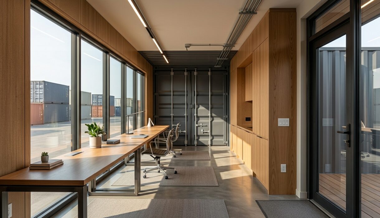 Fitted container interior used to judge container office vs traditional office