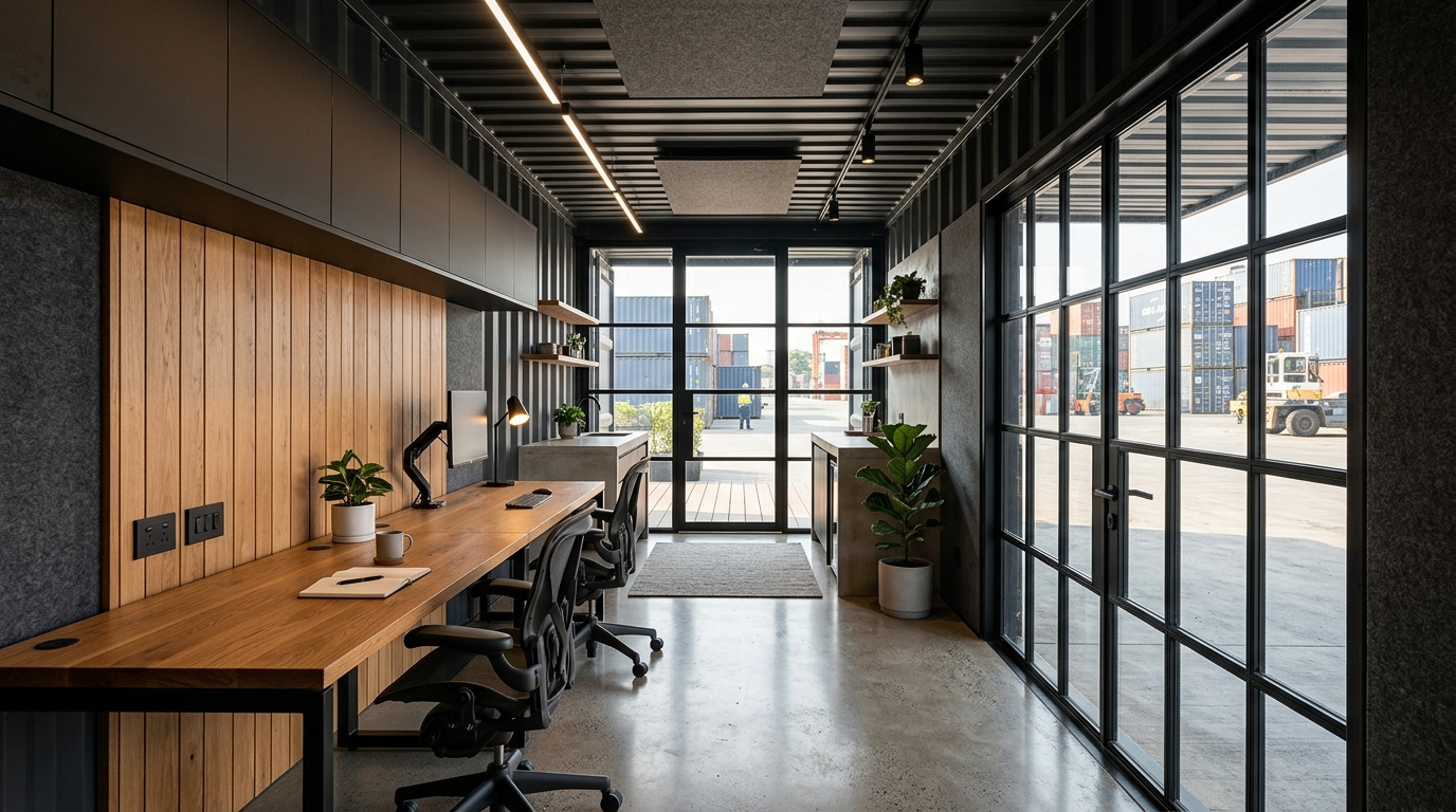 Lined and lit container interior fitted out as a workspace