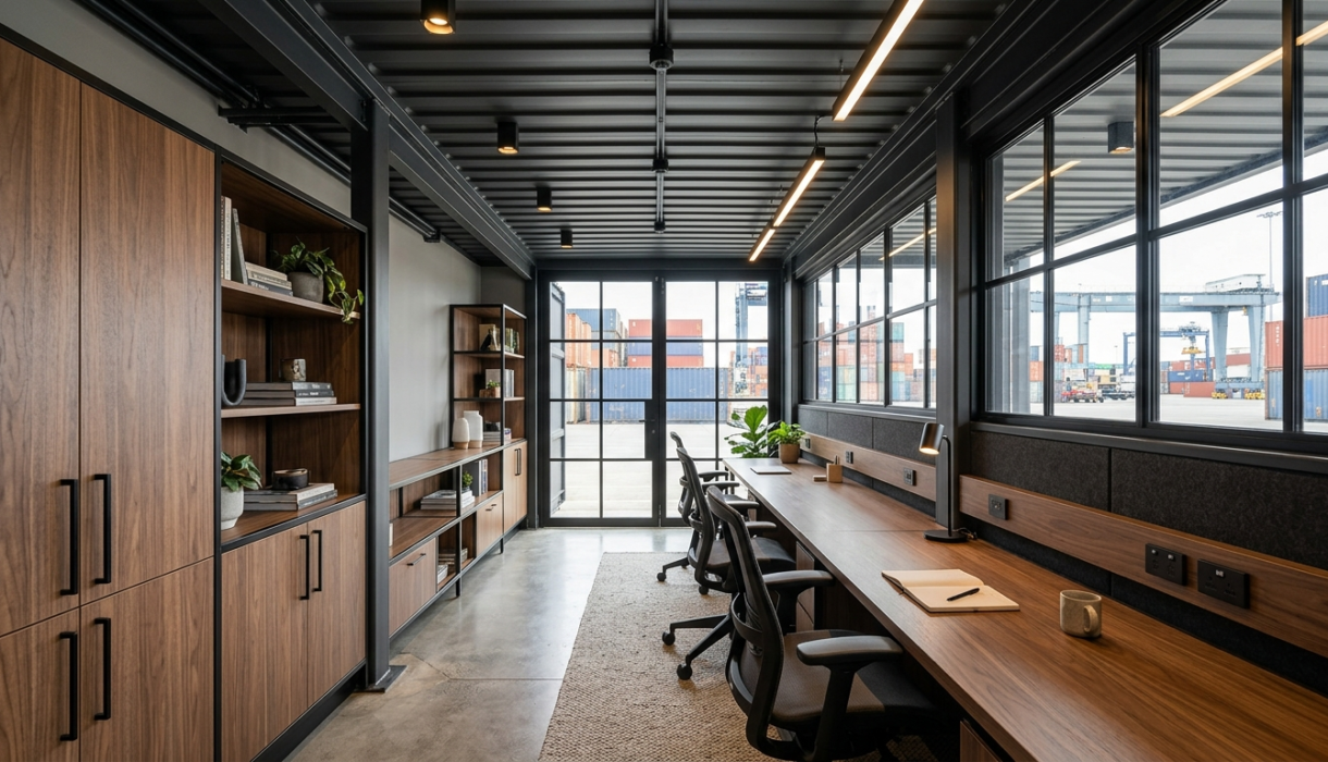 Fitted container workspace used to size a 20ft vs 40ft container office