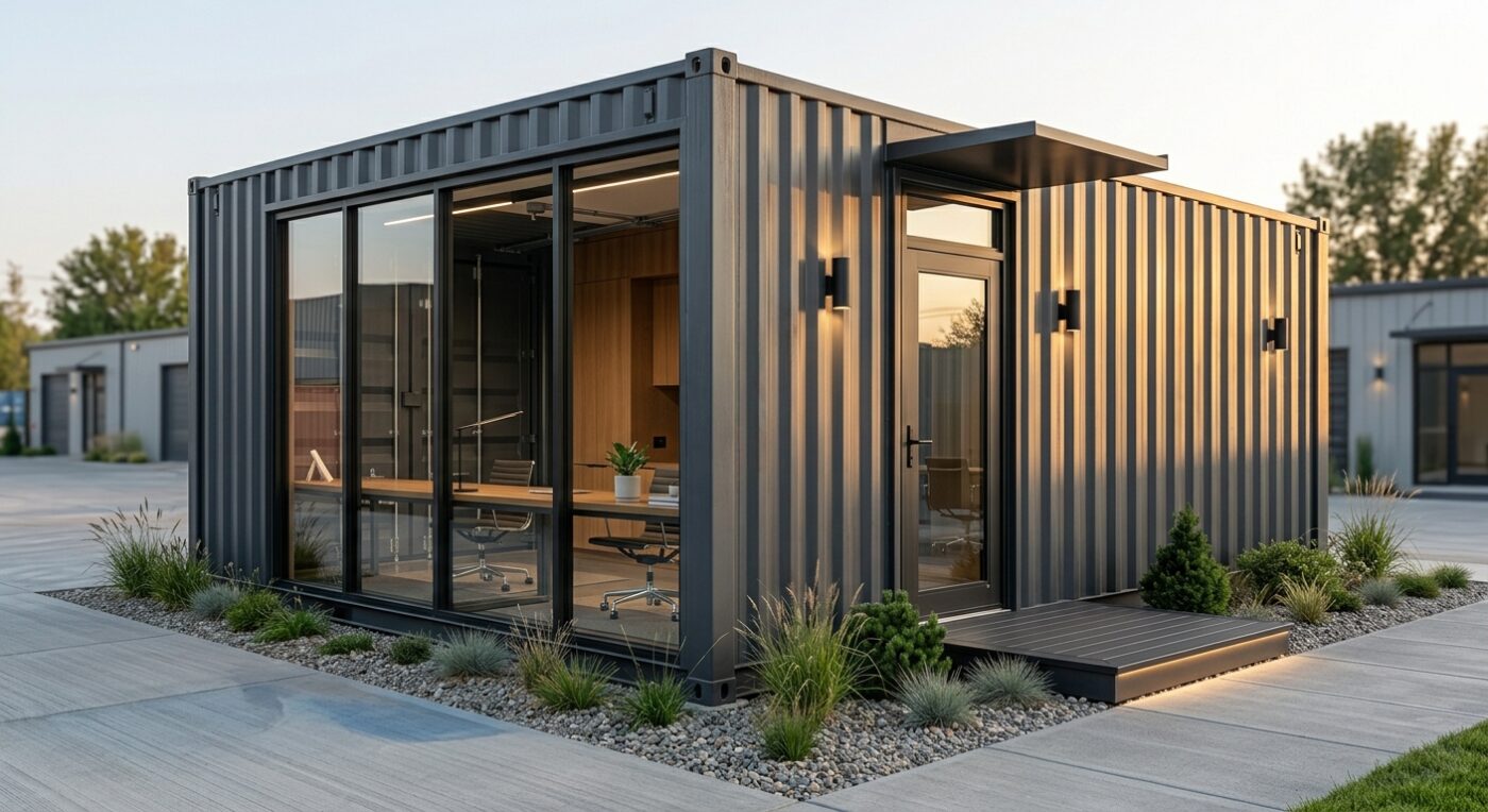 Office container exterior with a personnel door and windows
