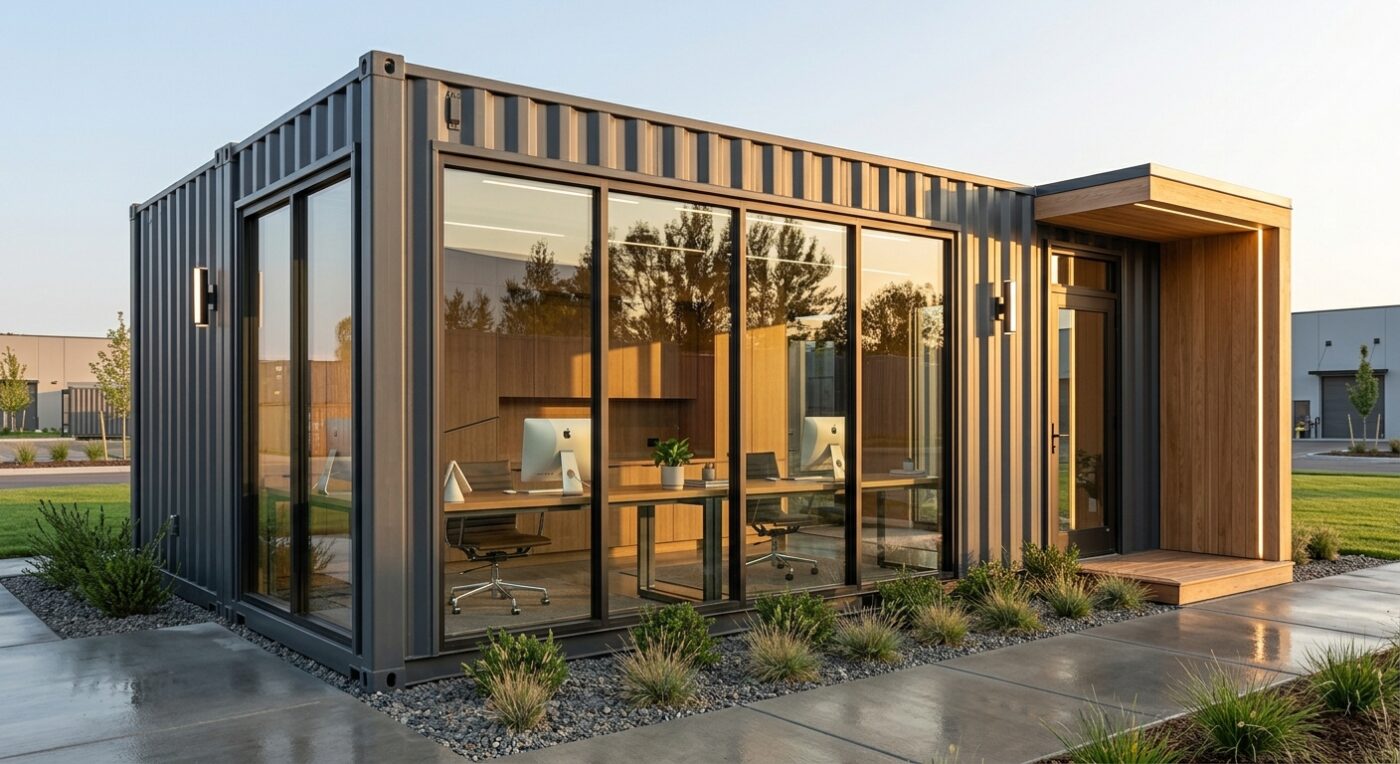 Shipping container storage and office units in use on a commercial site