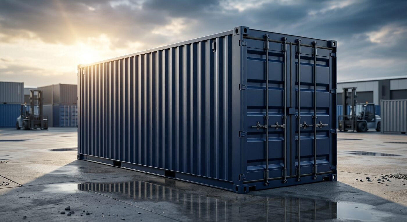 Shipping container company yard with standard containers stacked ready for sale