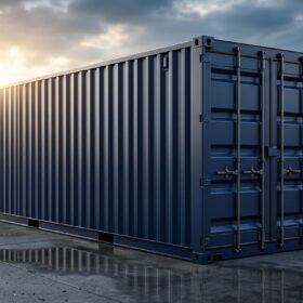 Standard shipping containers stacked in a shipping yard